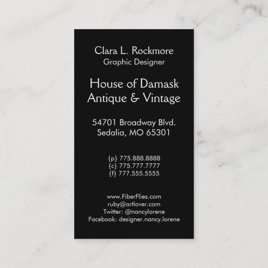 Snijvet, FILIGREE MEDALLION IN GRAY EN BLACK Visitekaartje (Achterkant)