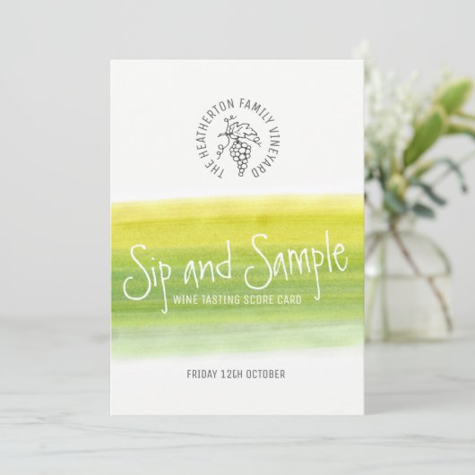 Snip en monster witte wijn proeverij scorecard kaart (Staand voorkant)