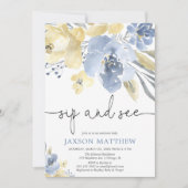 Snip en zie baby jongen, stoffig blauw geel bloeme kaart (Voorkant)