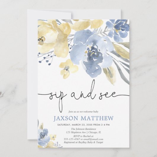 Snip en zie baby jongen, stoffig blauw geel bloeme kaart (Voorkant)