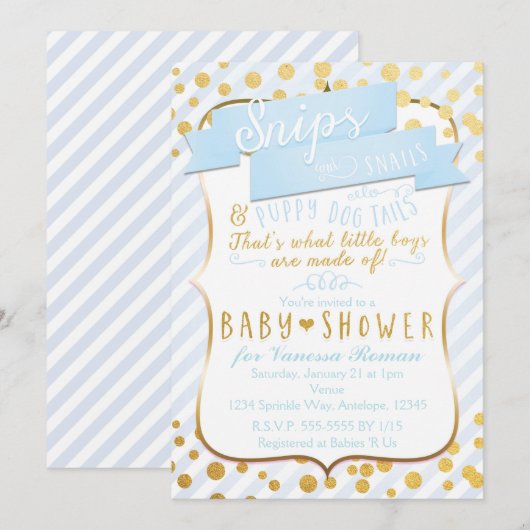 Snips & Snails Blauw & Goud Baby Douche Uitnodigin Kaart (Voorkant / Achterkant)