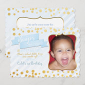 Snips & Snails Blauw & Goud Party Foto uitnodiging (Voorkant / Achterkant)