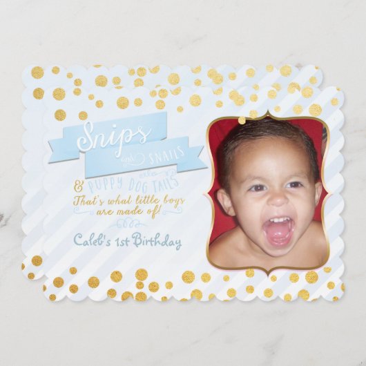 Snips & Snails Blauw & Goud Party Foto uitnodiging (Voorkant / Achterkant)