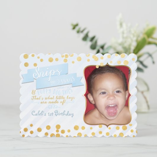 Snips & Snails Blauw & Goud Party Foto uitnodiging (Staand voorkant)