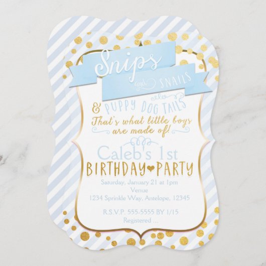 Snips & Snails Blauw Goud Verjaardagsfeest Uitnodi Kaart (Voorkant / Achterkant)