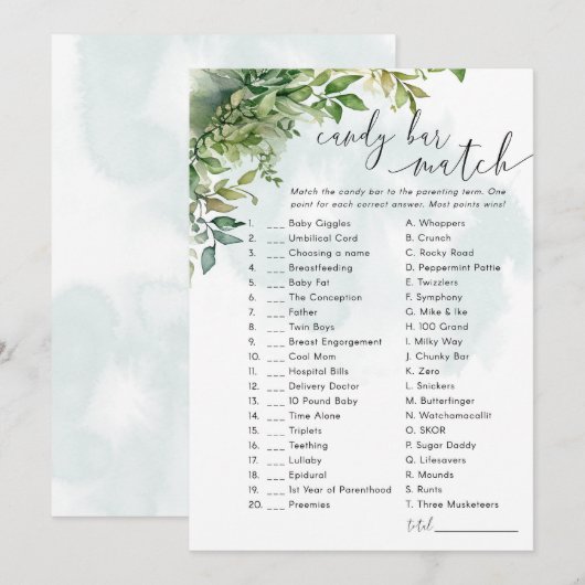 Snoep Bar Baby shower Spel Groen Thema Kaart (Voorkant / Achterkant)