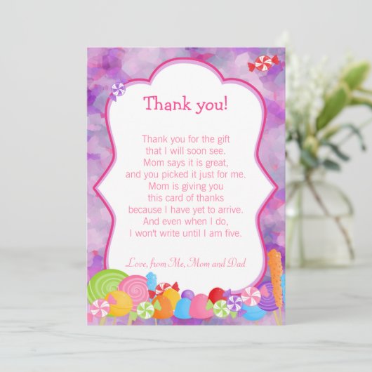 Snoep bedankkaart Paarse Roze (Staand voorkant)