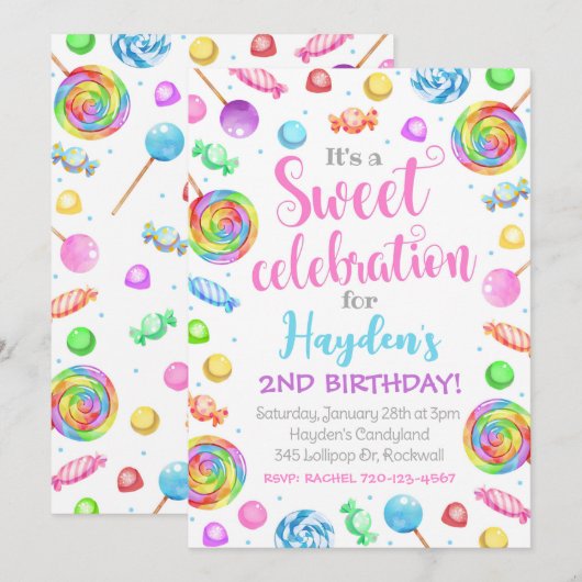 Snoep Birthday Invitation, Candyland Invitation Kaart (Voorkant / Achterkant)