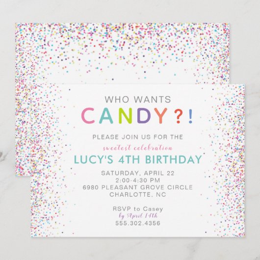 Snoep Birthday Uitnodiging, wie wil Snoep?! Kaart (Voorkant / Achterkant)