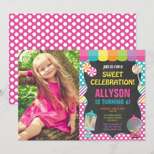 Snoep candyland regenboog verjaardagsfeest foto kaart (Voorkant / Achterkant)