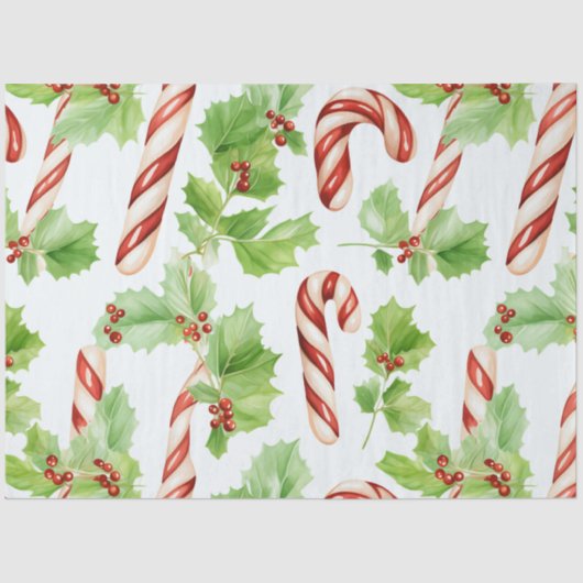 Snoep Canes Greenery Winter Berries Kerstmis Tissuepapier (Voorkant)