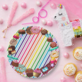 Snoep, chocolade, eten, donuts, regenbooggedeelte papieren bordje (Feest)