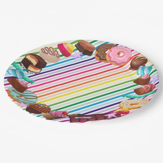 Snoep, chocolade, eten, donuts, regenbooggedeelte papieren bordje (Gekanteld)