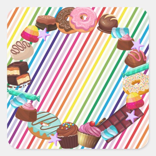 Snoep, chocolade, eten, donuts, regenbooggedeelte vierkante sticker (Voorkant)