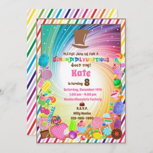 Snoep, chocolade, gouden ticket, regenbooginv kaart (Voorkant / Achterkant)