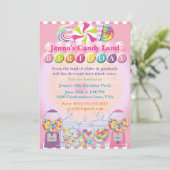 Snoep Counter Land Pink Birthday Uitnodiging (Staand voorkant)