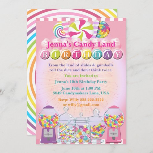 Snoep Counter Land Pink Birthday Uitnodiging (Voorkant / Achterkant)