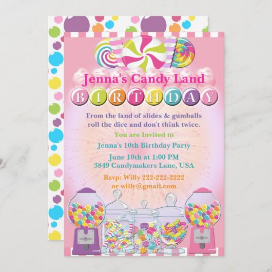 Snoep Counter Land Roze Verjaardagsuitnodiging Kaart (Voorkant / Achterkant)