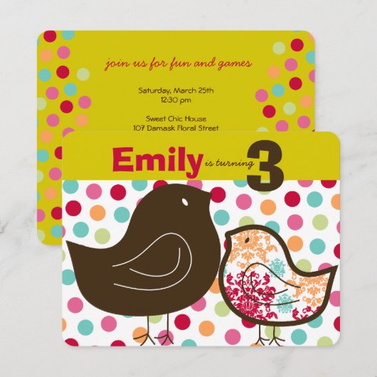 Snoep Damask Chicks Girl Birthday Party Invitation Kaart (Voorkant / Achterkant)