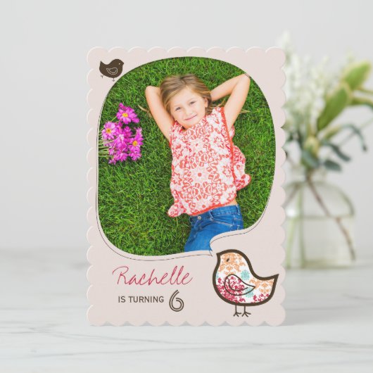 Snoep Damask Vogel Foto Meisje Verjaardagsfeestje Kaart (Staand voorkant)