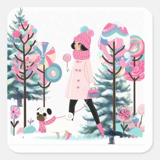 Snoep Delights Meisje Walking Dog Vierkante Sticker (Voorkant)