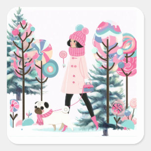 Snoep Delights Meisje Walking Dog Vierkante Sticker