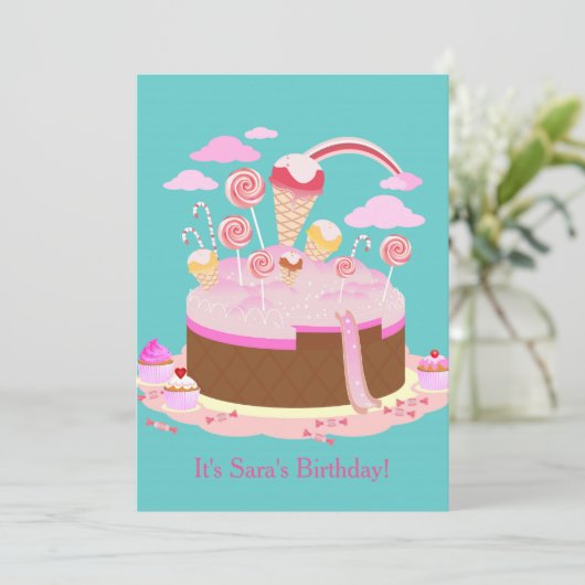 Snoep- en chocoladetaart-verjaardagsuitnodiging kaart (Staand voorkant)