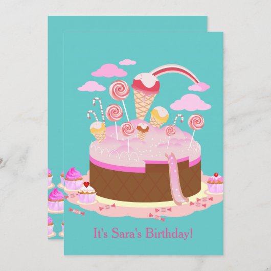 Snoep- en chocoladetaart-verjaardagsuitnodiging kaart (Voorkant / Achterkant)