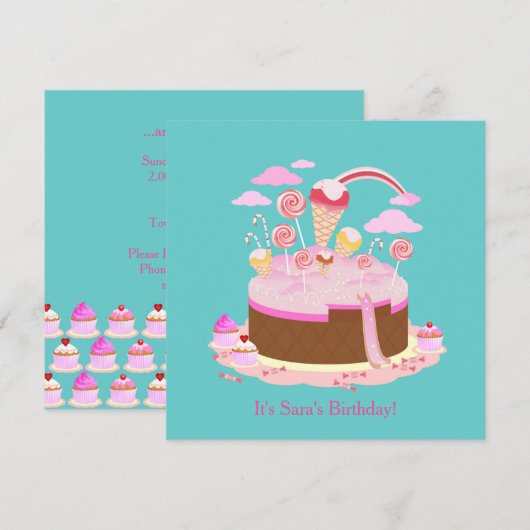 Snoep- en chocoladetaart-verjaardagsuitnodiging kaart (Voorkant / Achterkant)