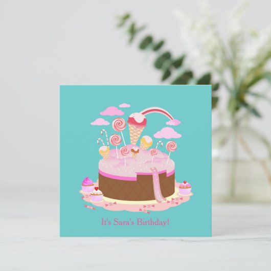 Snoep- en chocoladetaart-verjaardagsuitnodiging kaart (Staand voorkant)