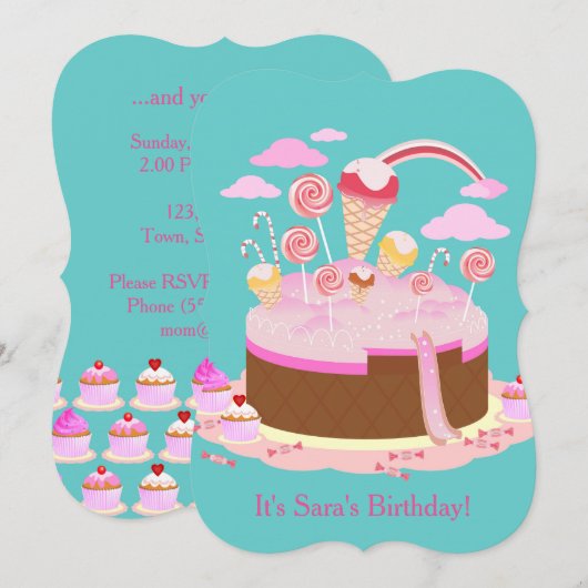 Snoep- en chocoladetaart-verjaardagsuitnodiging kaart (Voorkant / Achterkant)