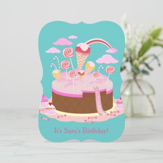 Snoep- en chocoladetaart-verjaardagsuitnodiging kaart (Staand voorkant)