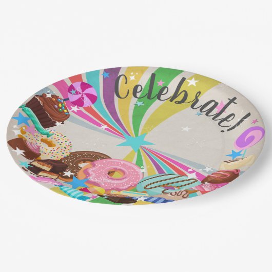 Snoep- en regenboogwervelpartij papieren bordje (Gekanteld)