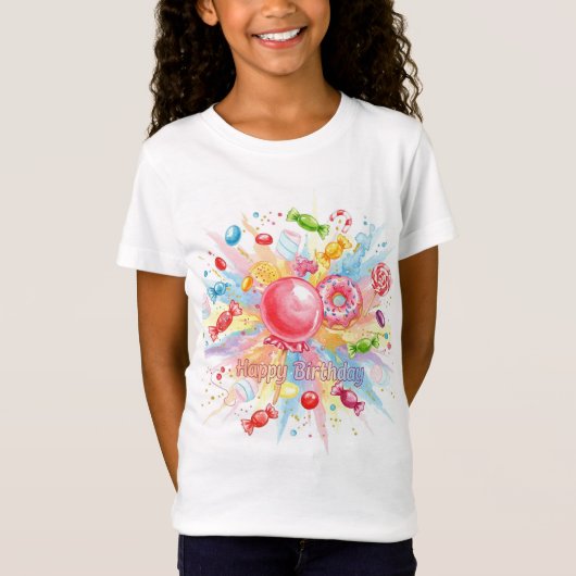 Snoep Explosion, Happy Birthday beroemd gemaakt do T-shirt (Voorkant)
