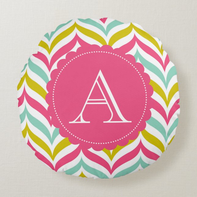 Snoep gekleurde Chevron Waves Monogram Rond Rond Kussen (Voorkant)