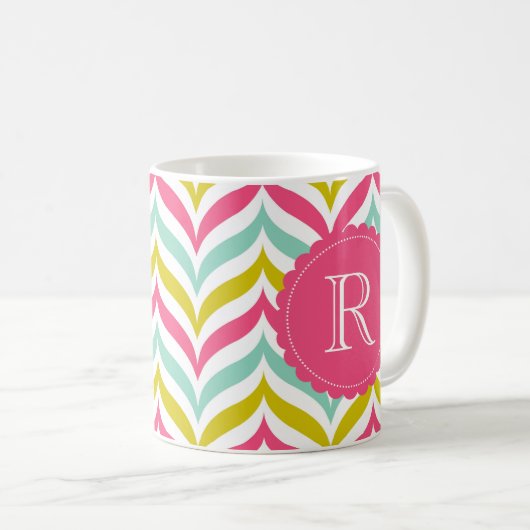 Snoep Gekleurde Chevron Waves Patroon Monogram Mok (Voorkant rechts)