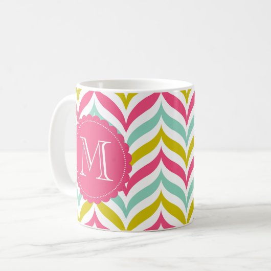 Snoep Gekleurde Chevron Waves Patroon Monogram Mok (Voorkant links)