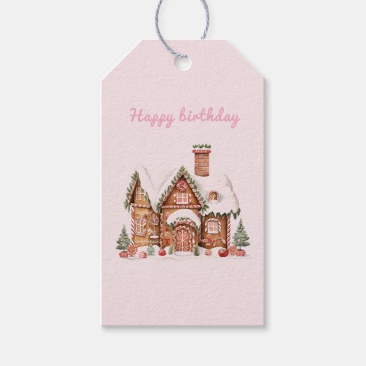Snoep Gingerbread House Roze Verjaardag Cadeaulabel (Voorkant)