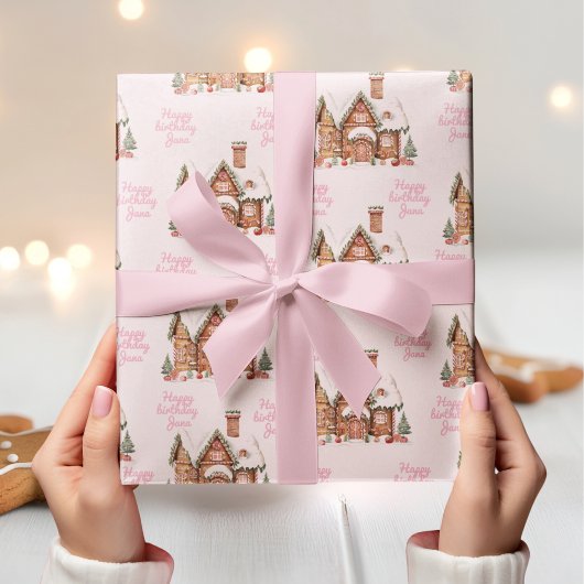 Snoep Gingerbread House Roze Verjaardag Cadeaupapier