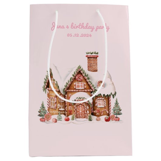 Snoep Gingerbread House Roze Verjaardag Medium Cadeauzakje (Voorkant)