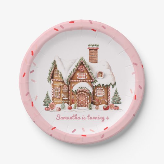 "Snoep Gingerbread House Roze Verjaardag Papieren Bordje (Voorkant)