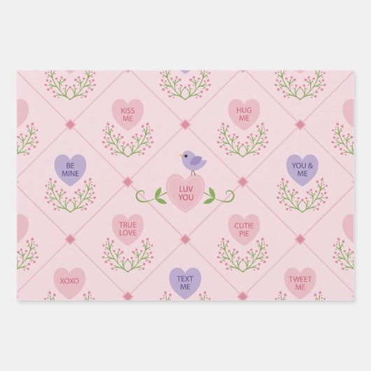 Snoep Hart en Tortelduifjes Valentijnsdag Inpakpapier Vel (Voorkant)