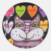 Snoep Hart Paarse Kat Folk Art Ronde Sticker (Voorkant)