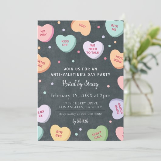 Snoep Harten Anti-Valentijnsdag Party Uitnodiging (Staand voorkant)