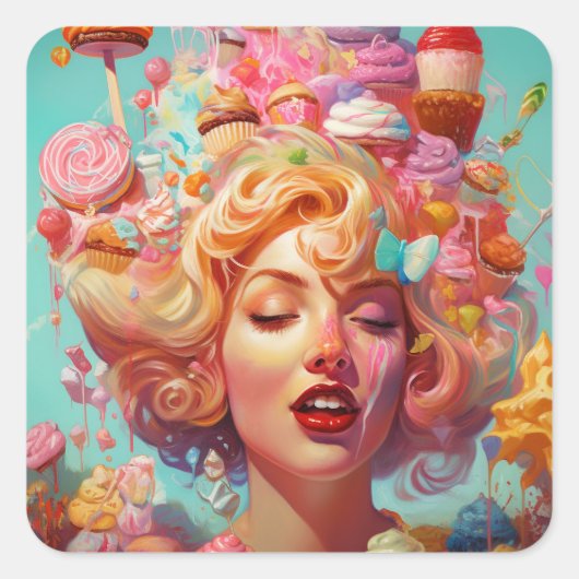 Snoep Ice Cream Girl Surreal Fantasy Art Vierkante Sticker (Voorkant)