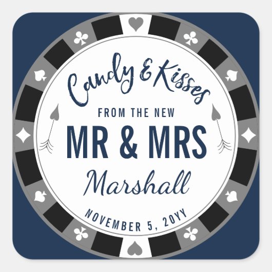 Snoep & Kisses van de New Mr en Mrs Navy Poker Vierkante Sticker (Voorkant)