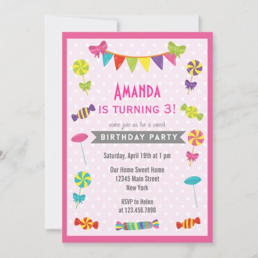 Snoep Land Birthday Invitation roze Kaart (Voorkant)