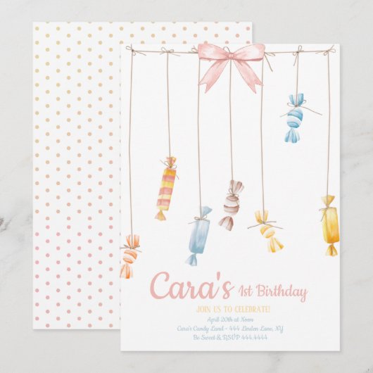 Snoep land Roze eerste uitnodiging (Voorkant / Achterkant)