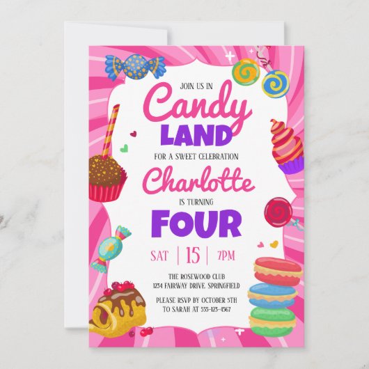 Snoep Land Sweet Pink Verjaardagsfeest Kaart (Voorkant)