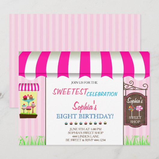 Snoep Land Sweet Shop Verjaardagsfeestje Uitnodigi Kaart (Voorkant / Achterkant)
